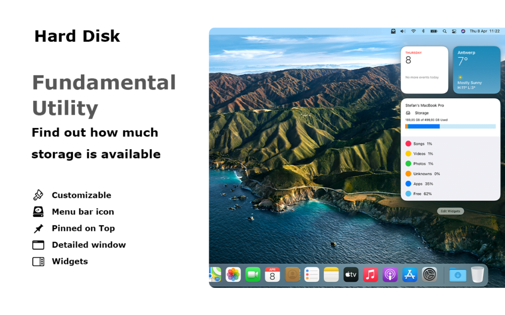 Hard Disk app on macOS Big Sur with the notification widget visible