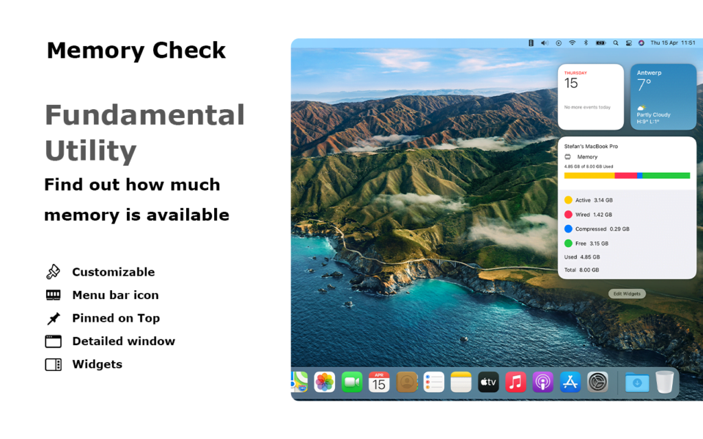 Memory Check app on macOS Big Sur with the notification widget visible