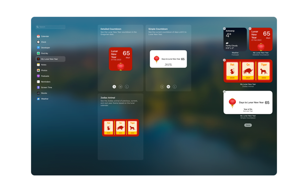 The complete list of widgets you get with the My Lunar New Year app