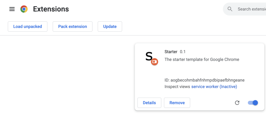 The added Starter Chrome extension in the Chrome://extensions web page.