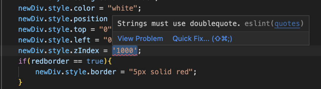 Single quote problem that can be resolved with a click on the quick fix link.