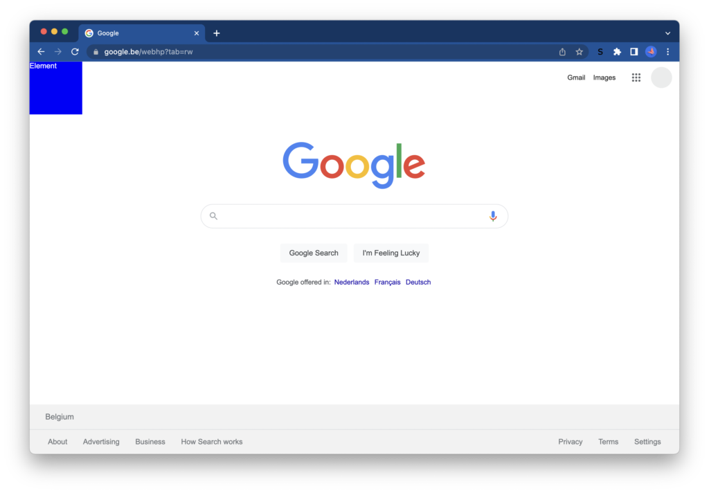 Google home page with the blue rectangle that is added by the Chrome extension