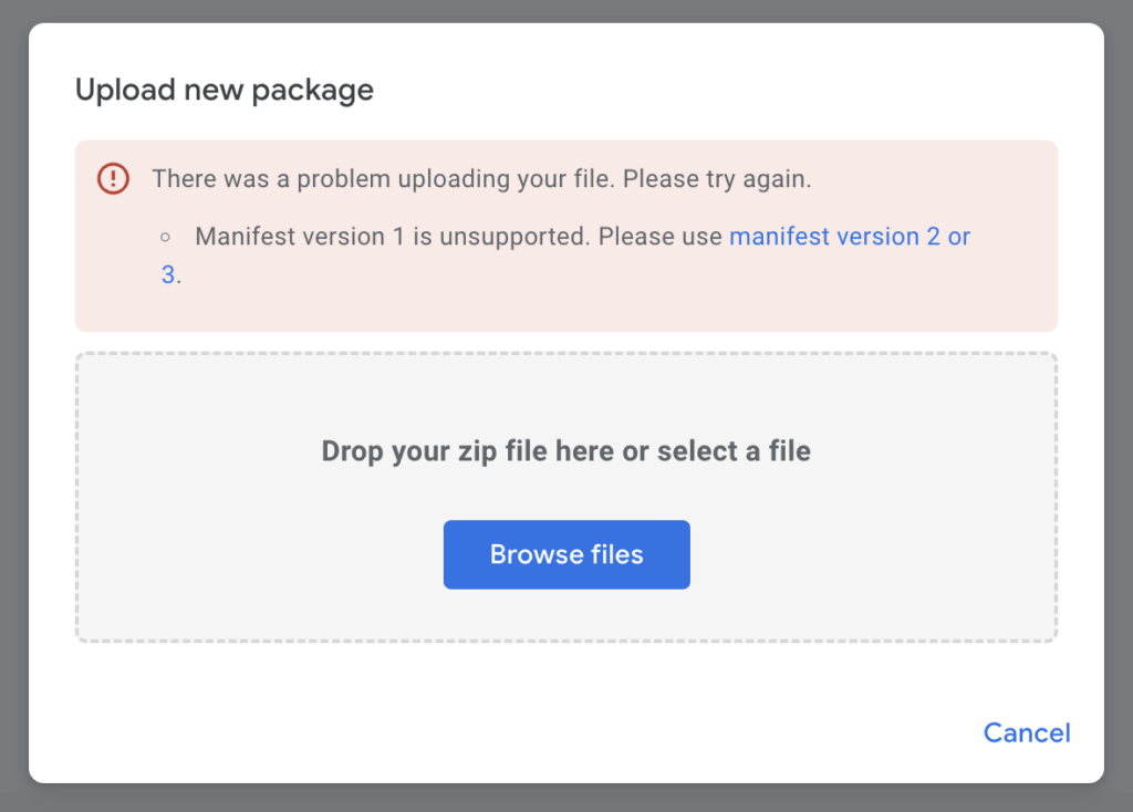 Trying to upload the Chrome extension Manifest V1 and give an error message that it is not supported