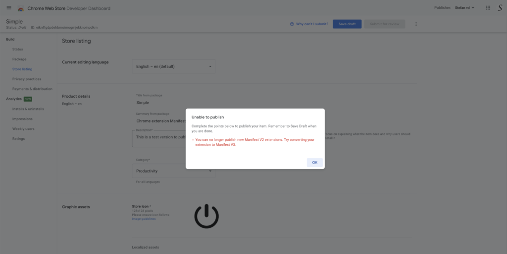 You can no longer publish new Manifest V2 extensions