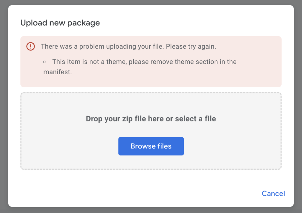 Chrome Web Store error message that you can not upgrade from a Chrome extension to a Chrome theme