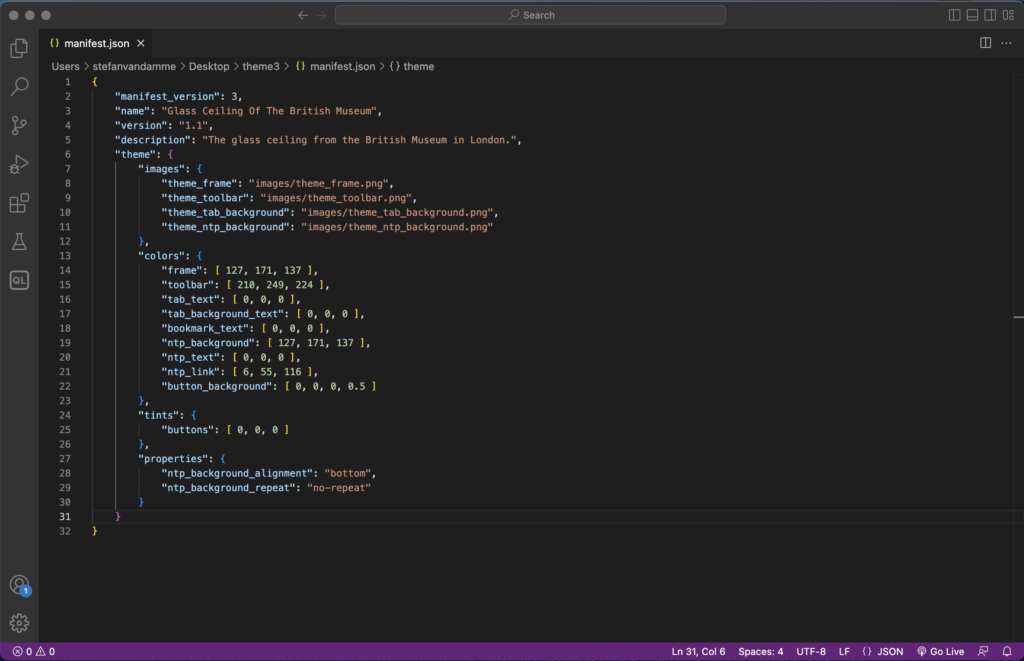 Visual Studio Code on the manifest.json file that uses the same Manifest V3 development code