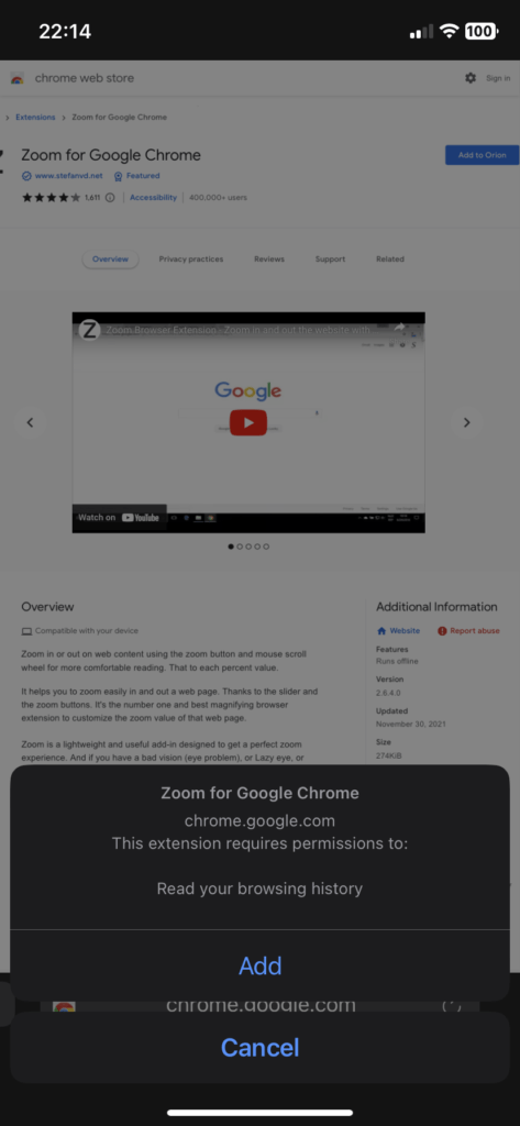 Orion web browser dialog to add the mobile chrome extension