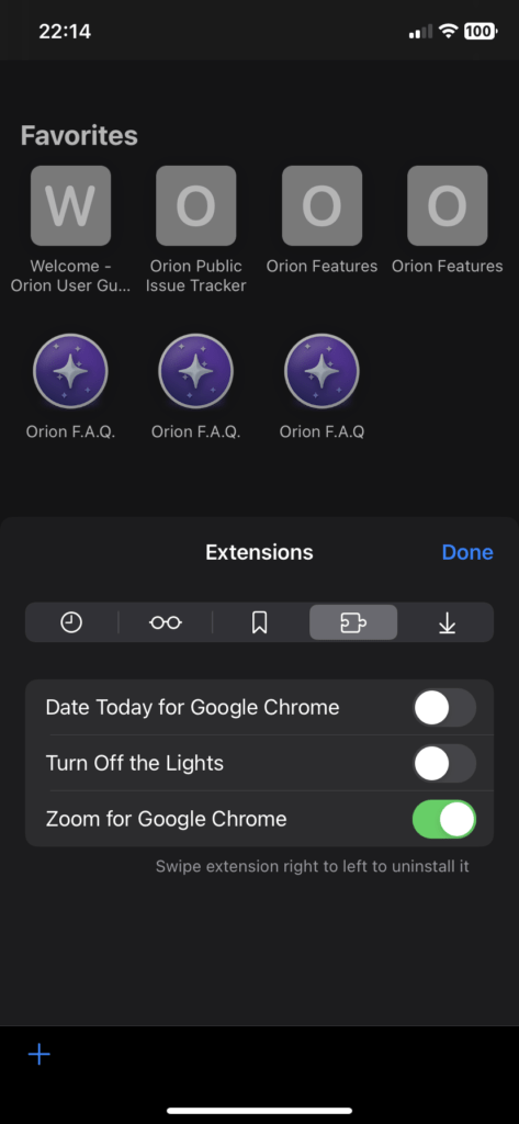 Overview of all the installed Mobile Chrome extensions in the Orion web browser on iOS
