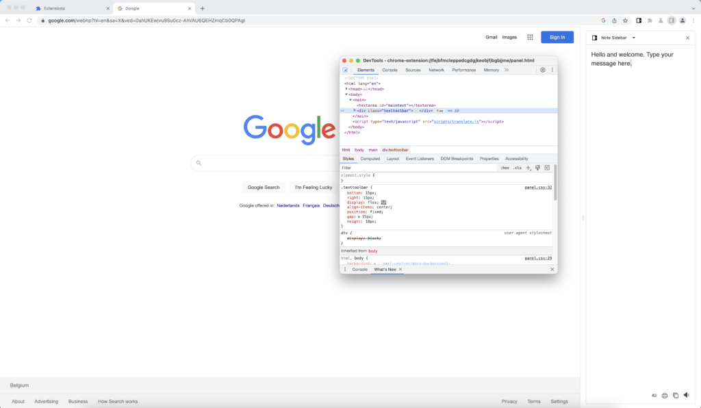 Chrome Inspector window open for debugging the side panel