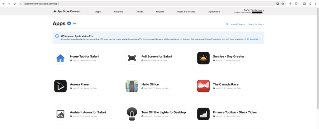 App Store Connection home page