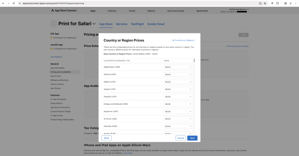 Country or Region Prices