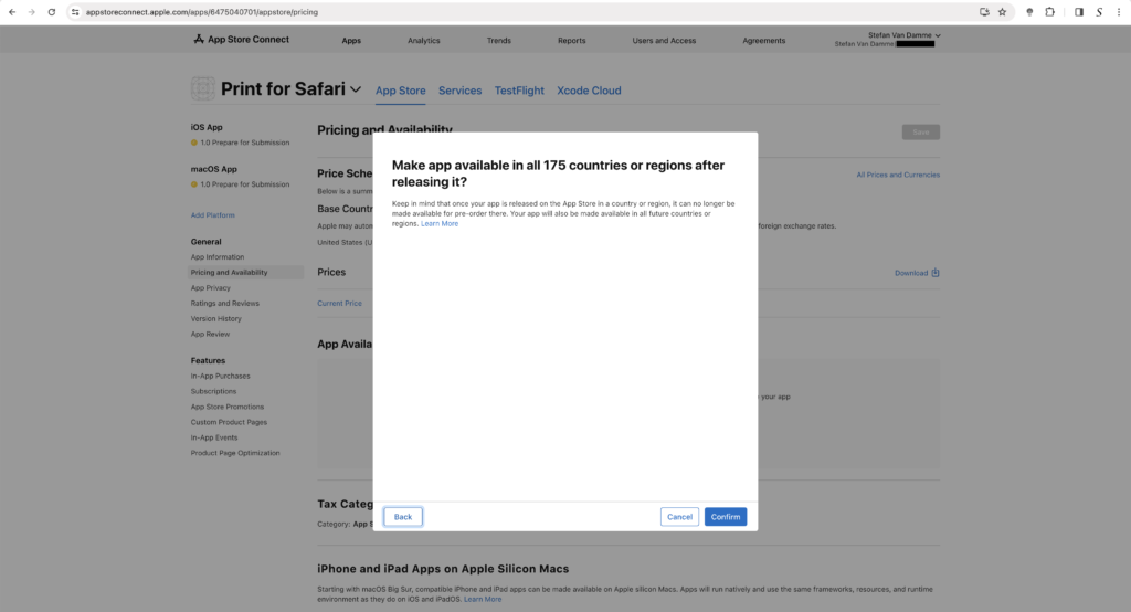 Confirm make the app available in all countries
