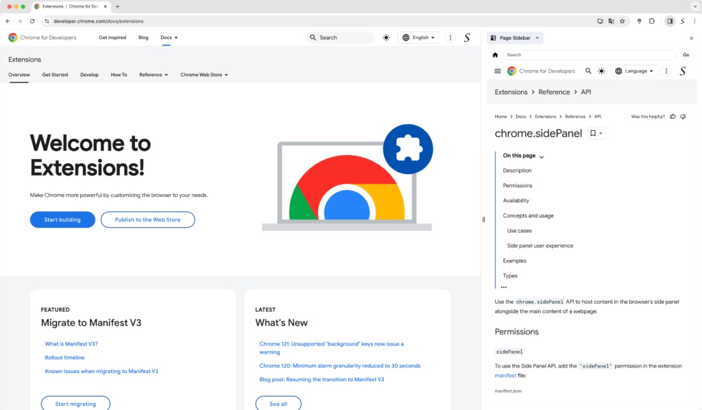 Google Chrome Side Panel open on the Extension Developer Documentation