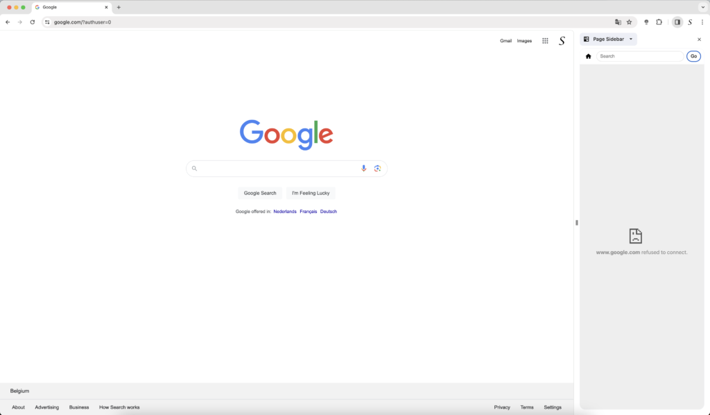 Error message www.google.com refused to connect in the side panel