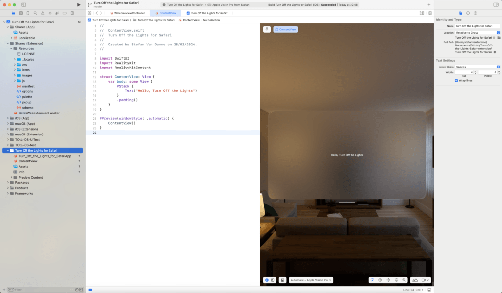 Xcode Hello world example for Apple Vision Pro