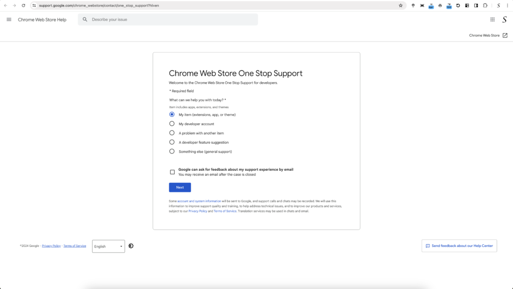 Chrome Web Store One Stop Support contact form - Chrome Extension Featured