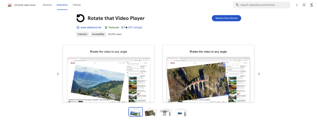 Chrome Web Store on the Rotate that Video Player with featured badge