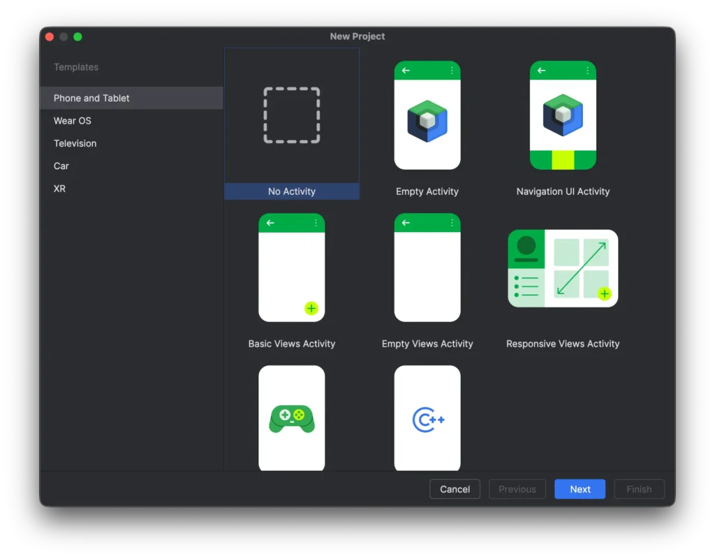 New Project window in Android Studio
