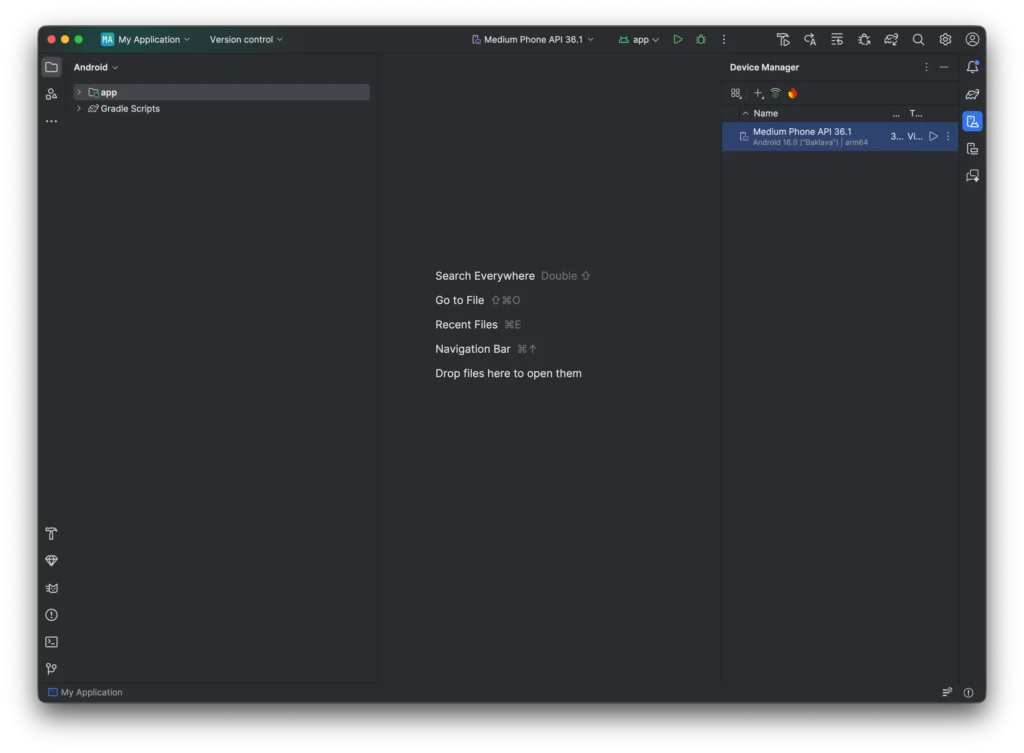 Device Manager side panel open in Android Studio