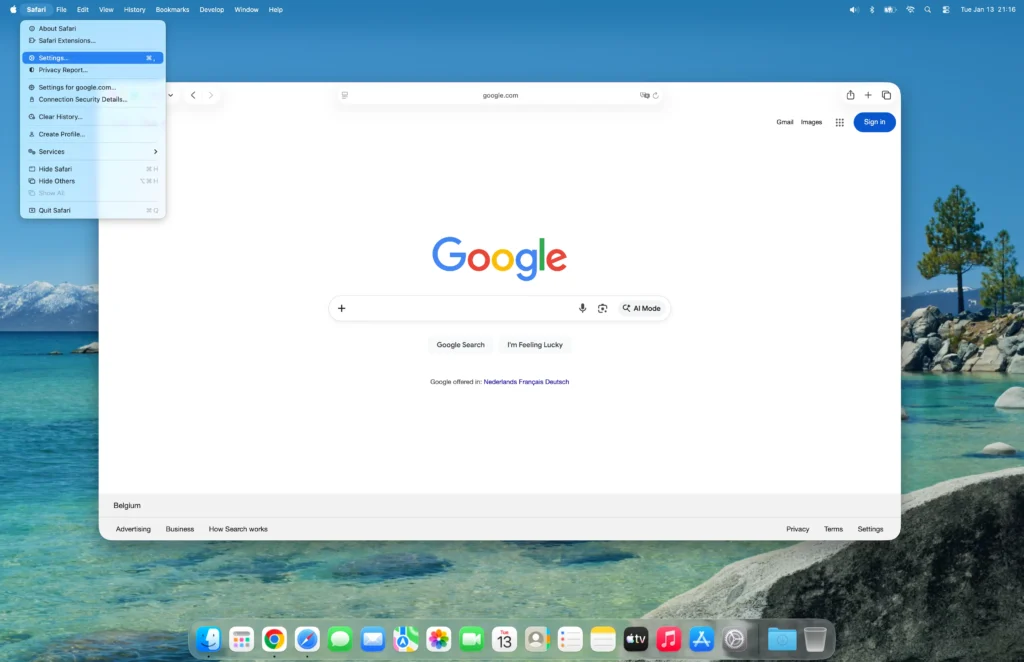 Safari web browser on the menu item Settings