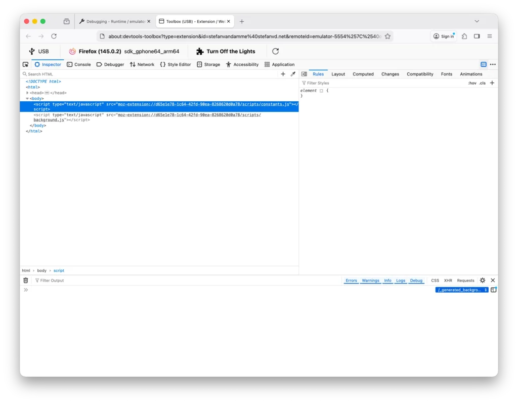 Turn Off the Lights background service worker debug page