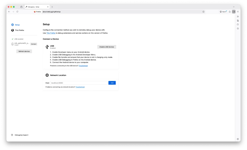 Active list of emulators on the left side in the desktop Firefox web browser