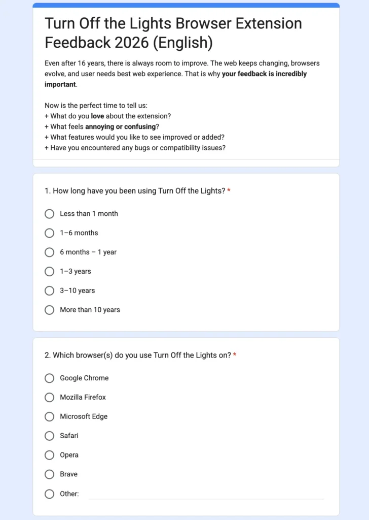 The yearly feedback form of the Turn Off the Lights browser extension
