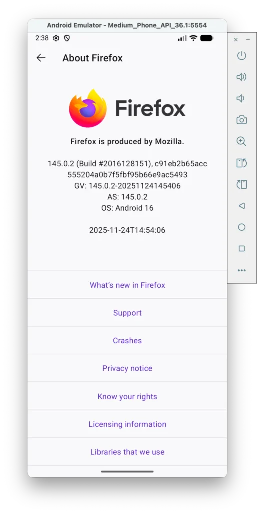 Firefox for Android about page