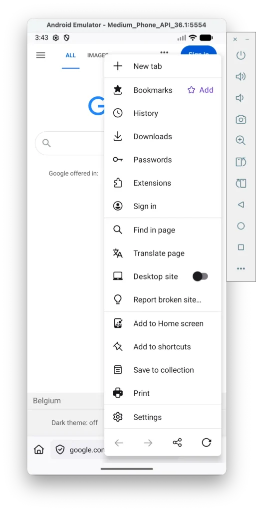 Flyout menu in Firefox for Android