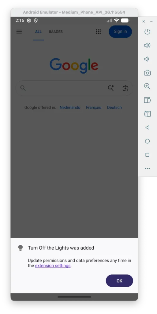 Firefox shows a permission prompt confirming that the extension has been installed