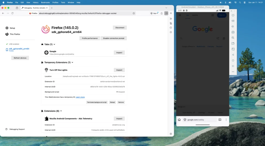 Desktop Firefox web browser and Android Emulator
