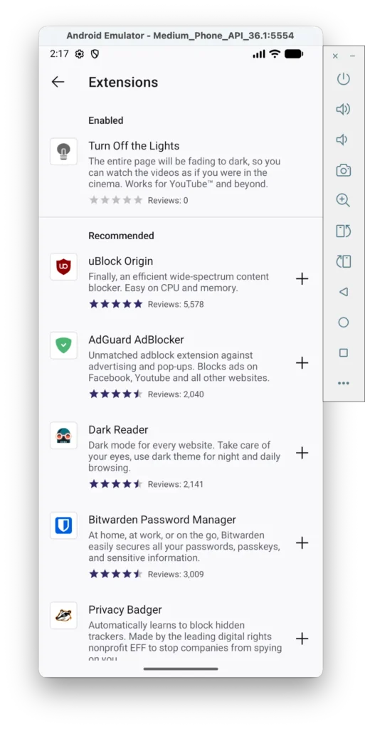 Firefox for Android Extensions Manager