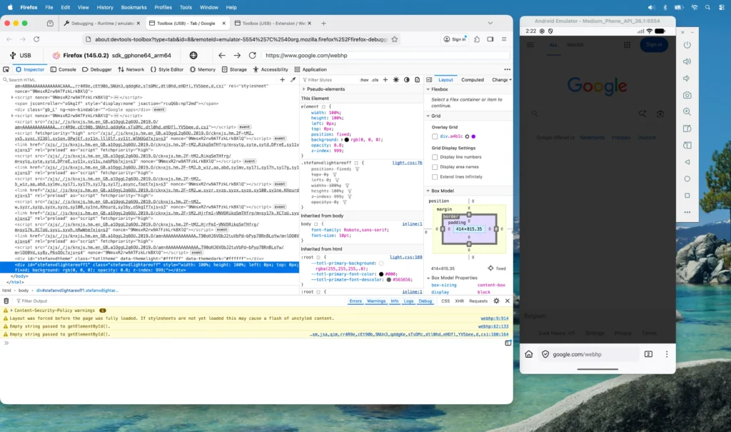 Google web page with the stefanvd dimmed HTML element on the web page