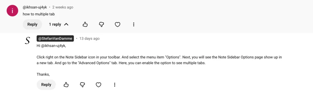 YouTube comment about how to enable multiple tabs in the Note Sidebar browser extension