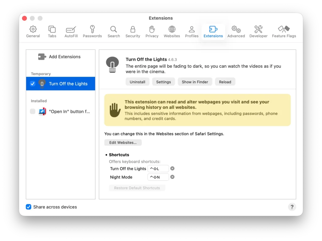 Change the Safari extension Shortcuts