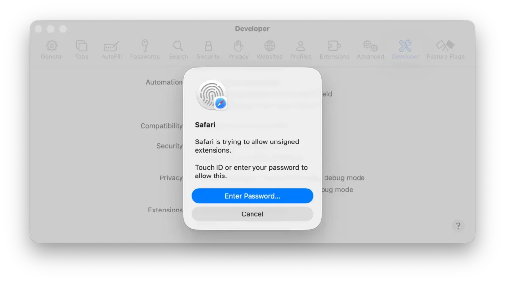Allow the unsigned extensions to install by confirming with a password or fingerprint