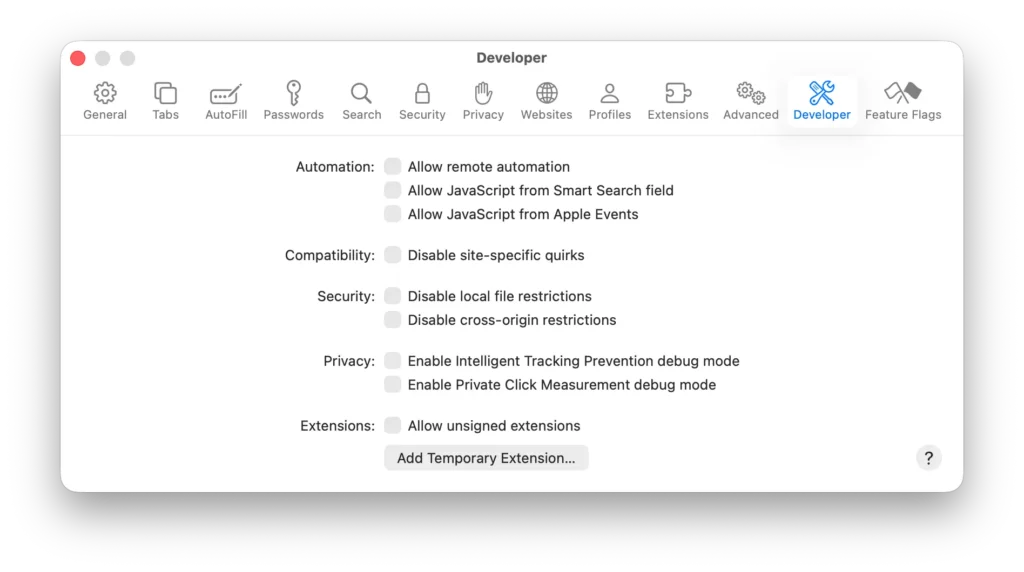 Safari Settings window on the Developer tab