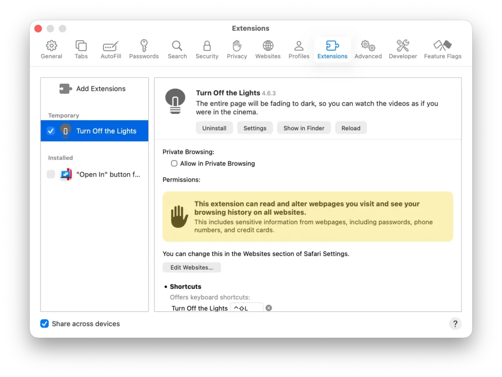 Turn Off the Lights Safari extension added to the temporary extension list