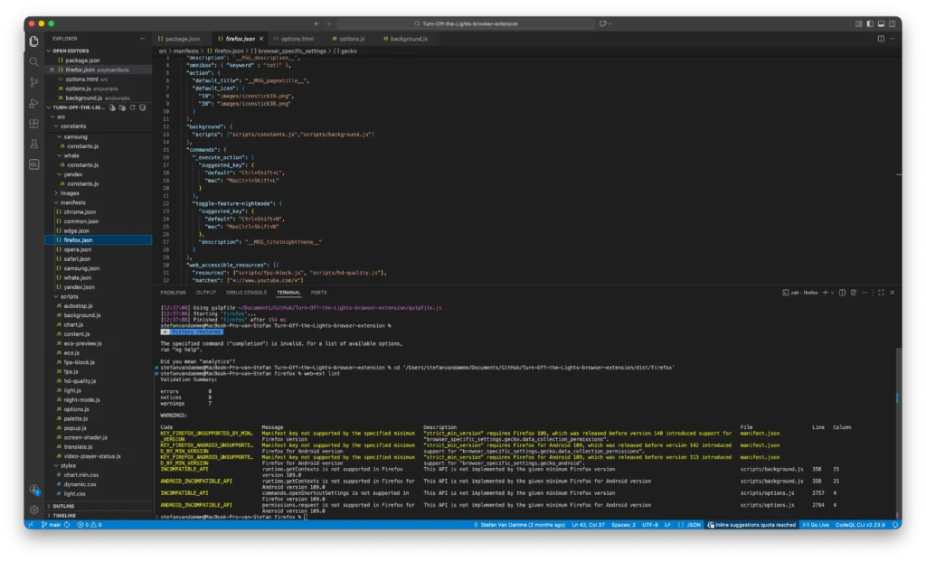 Use ESLint in Visual Studio Code to identify which parts of your manifest or code might not work