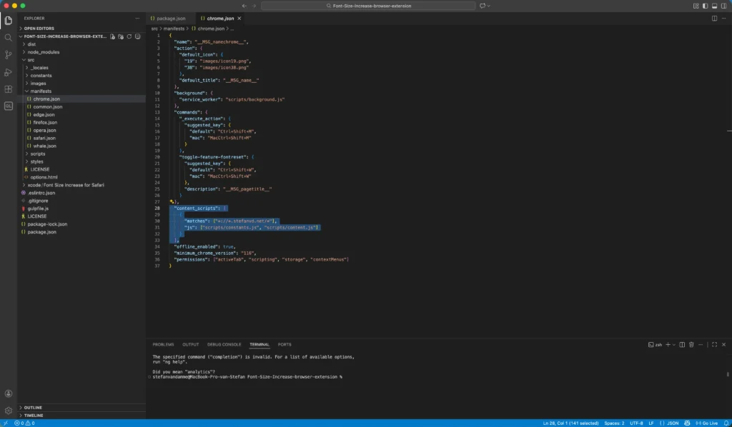 Visual Studio Code app on the manifest.json file to reduce memory usage, and limit the content script to load only on a specific website