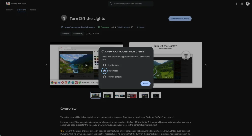 Chrome Web Store Dark Mode appearance theme