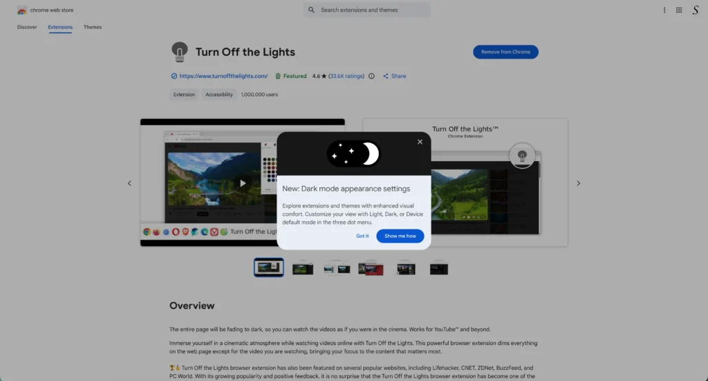 Chrome Web Store Dark Mode appearance theme dialog