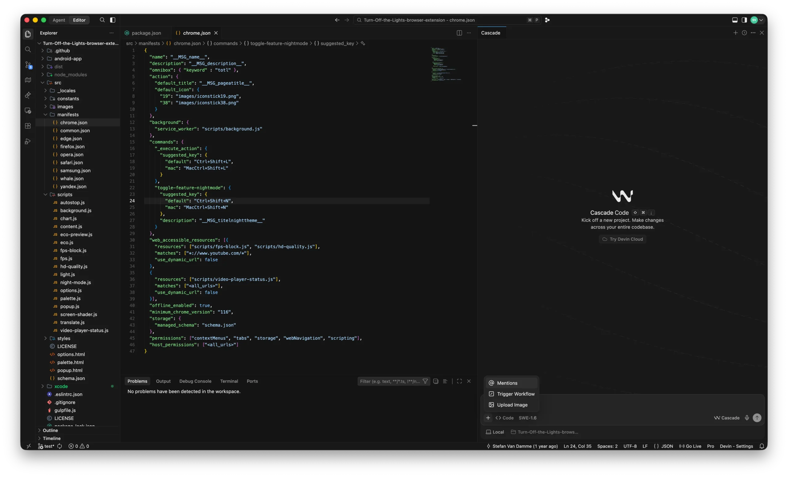 Devin editor window with the chat panel open in the plus menu