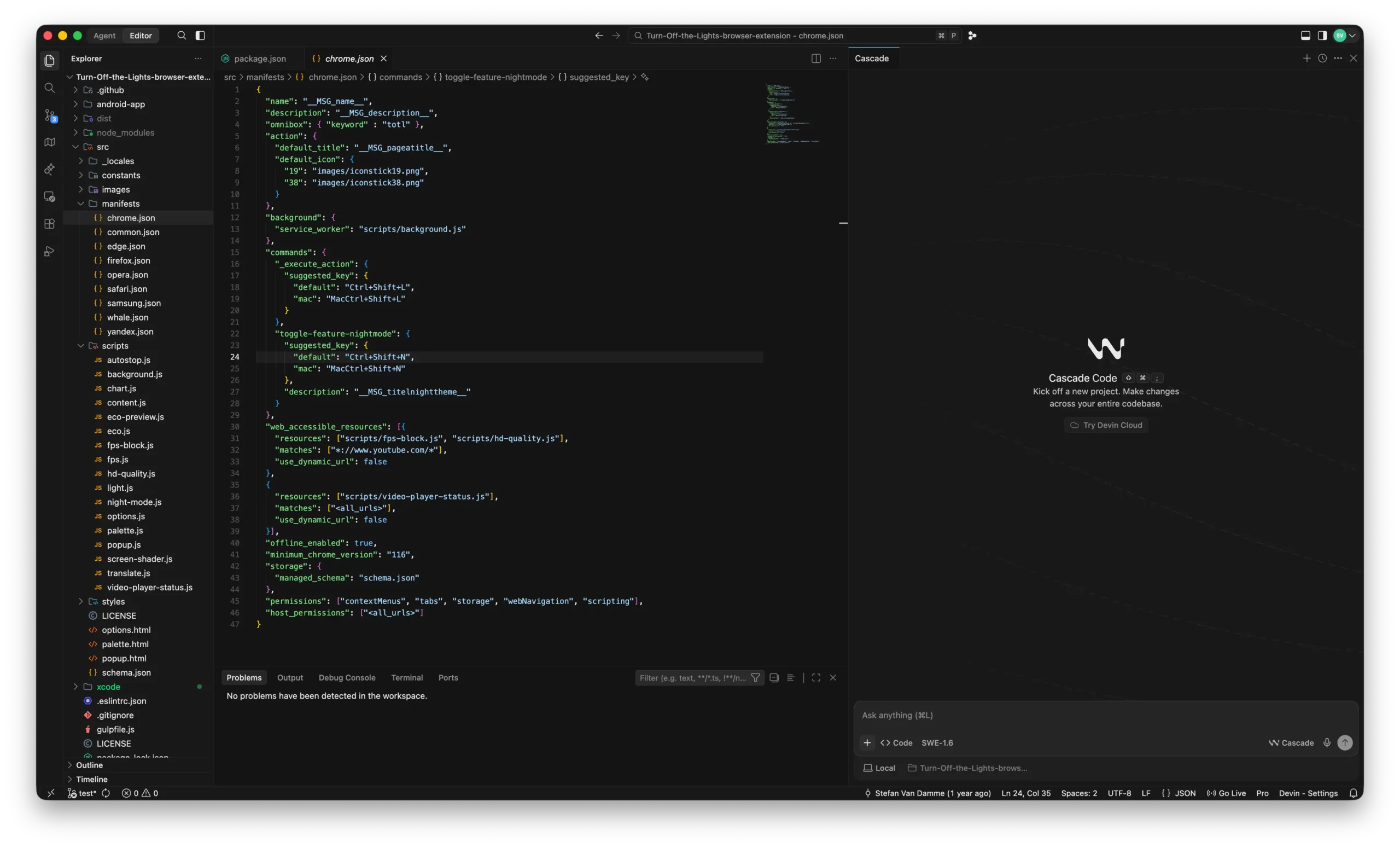 Devin's code editor is open on the Turn Off the Lights browser extension project