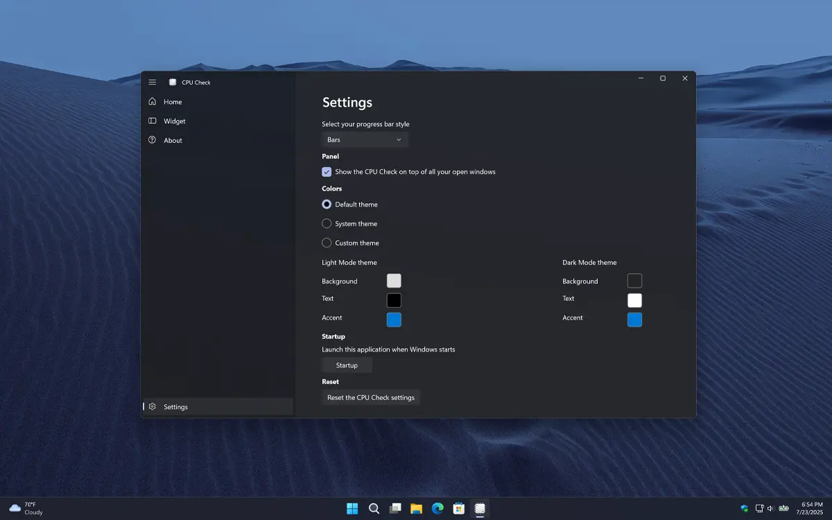 CPU Check settings window