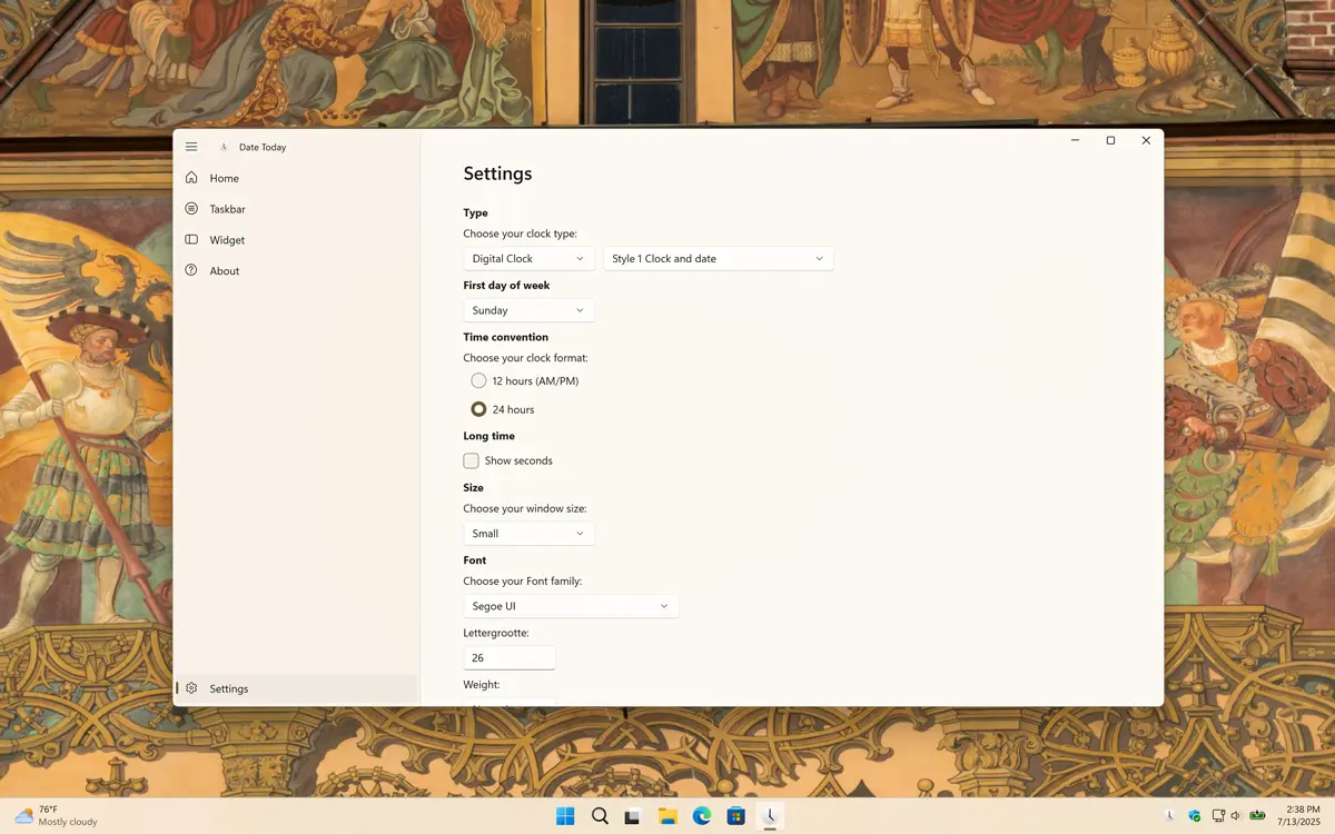 Date Today Settings window