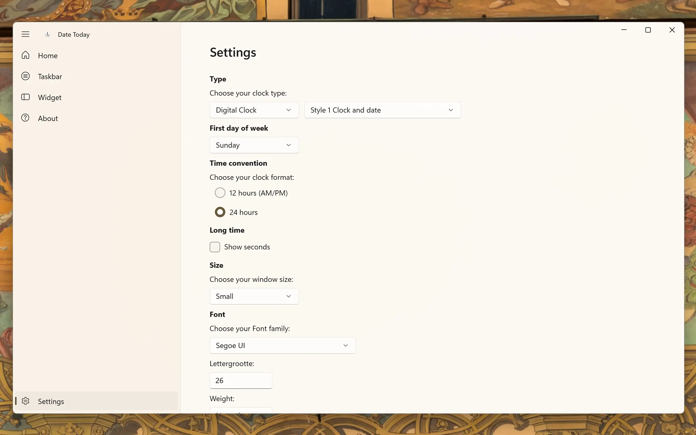 Date Today Windows Settings page
