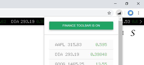 Finance Toolbar with the stock ticker bar enabled