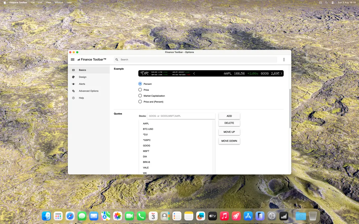 Finance Toolbar Options window