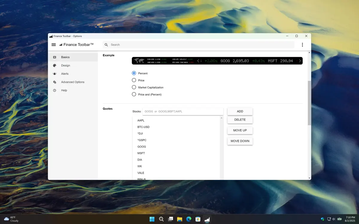 Finance Toolbar Options window